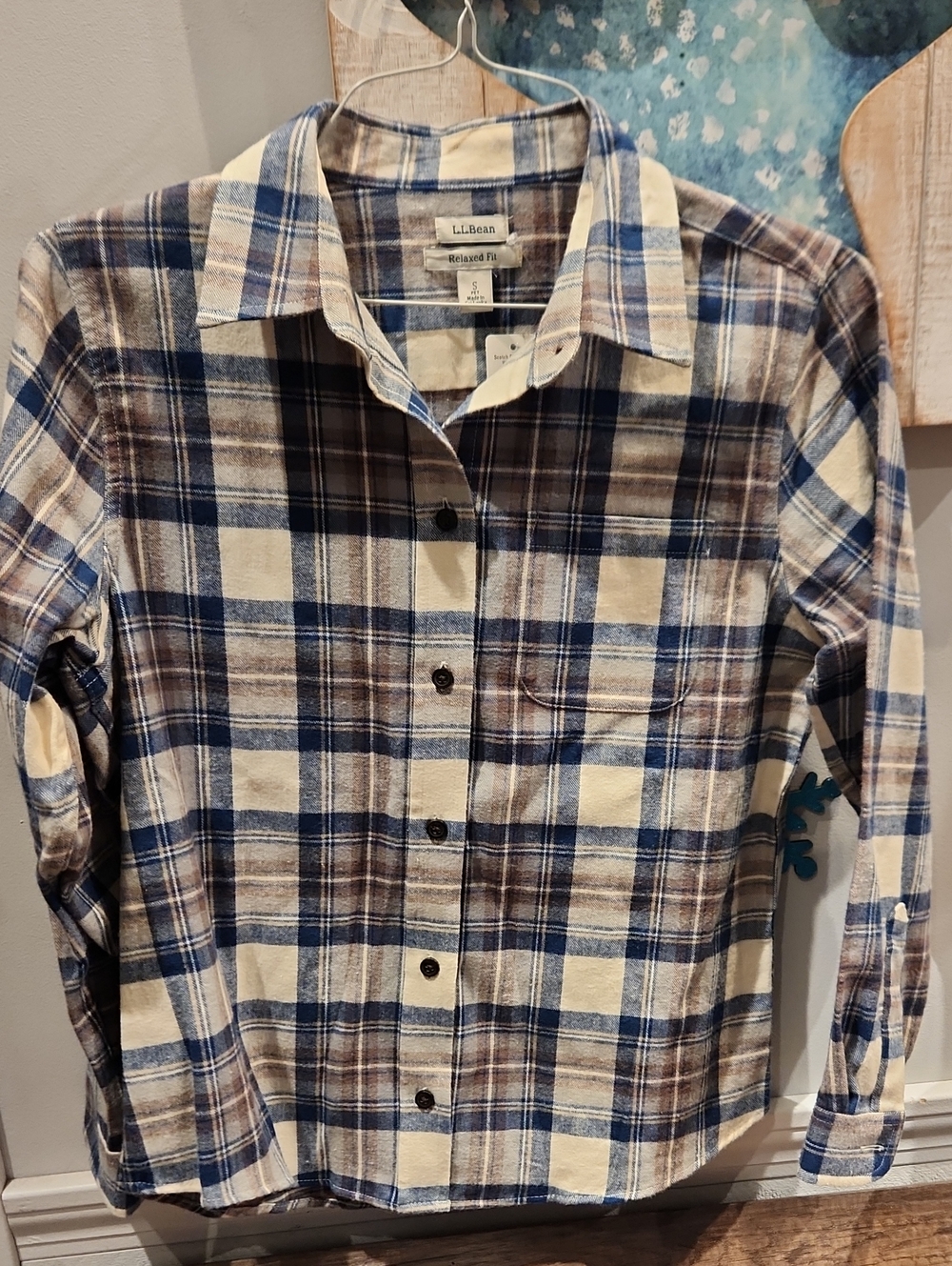 NWT L.L. Bean Women's Blue, Brown & Cream Plaid Button-Down Shirt SZ SP